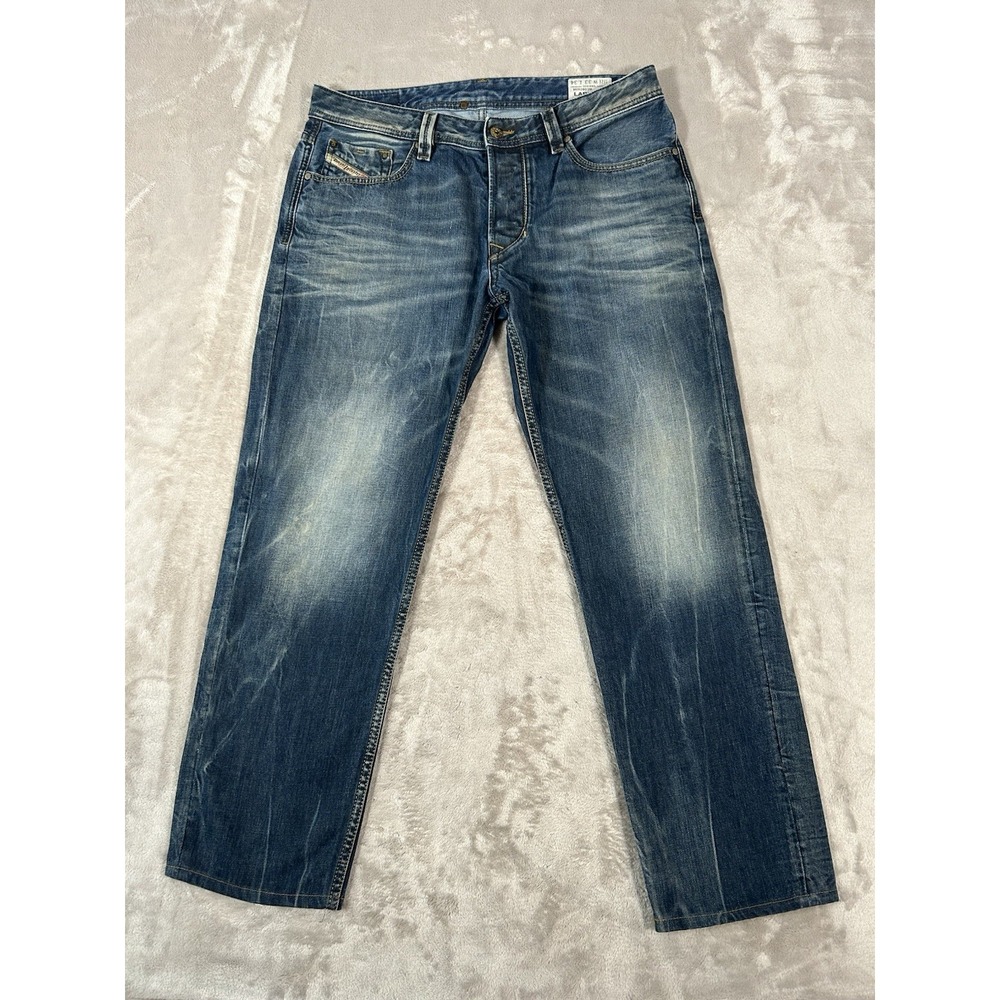 Diesel Larkee-T Jean Men 33x29 Blue Distressed 5-Pocket Tapered Button Fly 0803M
